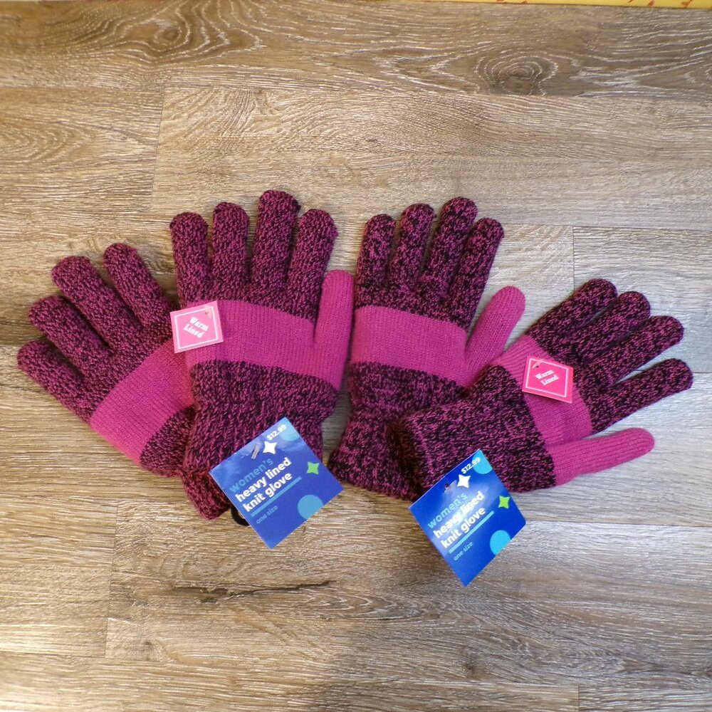 Women’s NWT 2 Pair of Heavy Lined Knit Gloves Pink & Black Gloves One Size